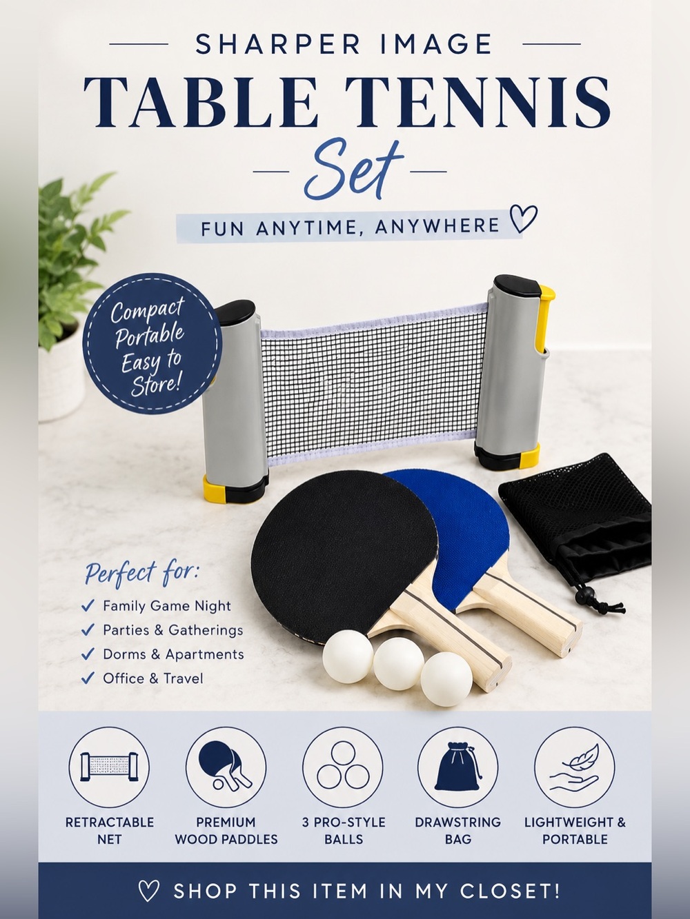 Sharper Image Retractable Table Tennis Ping Pong Set Blue Black